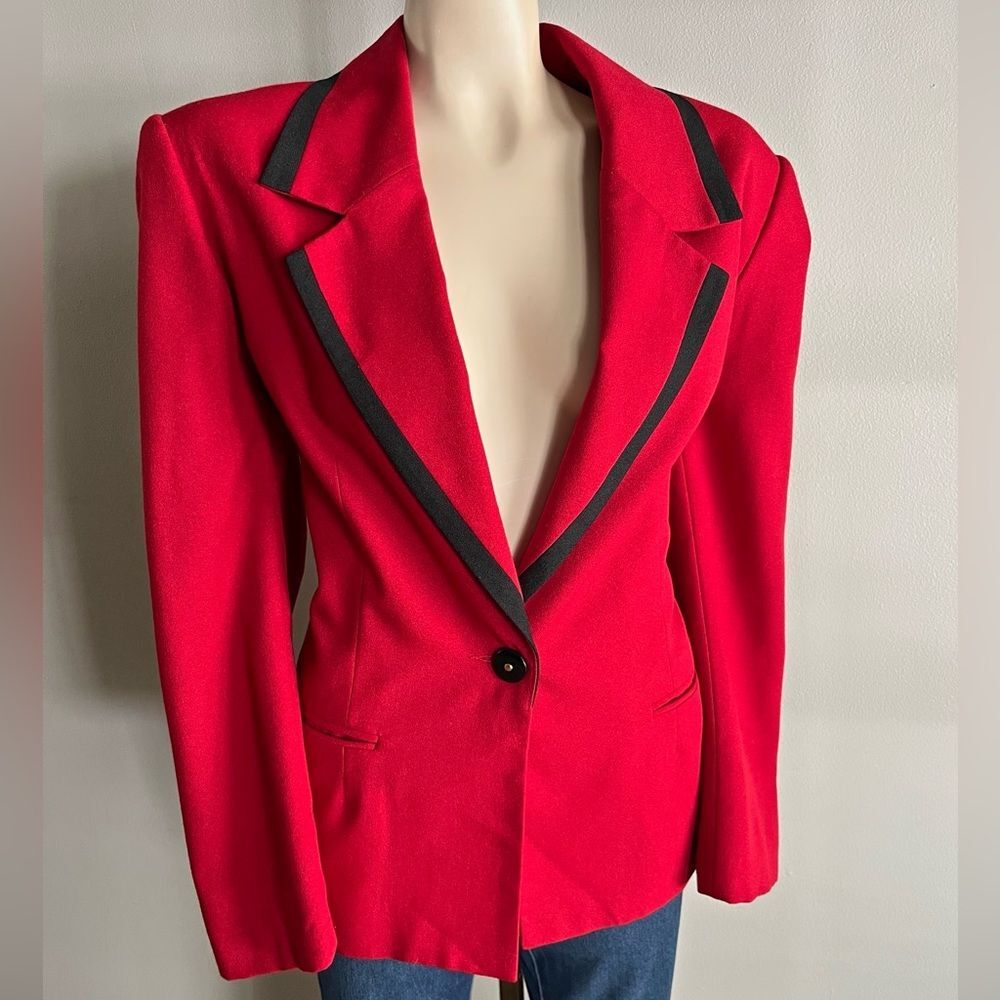 Vintage 90s Red Black Trim Blazer Wool Blend Koret Jacket Single Button Sz 12
